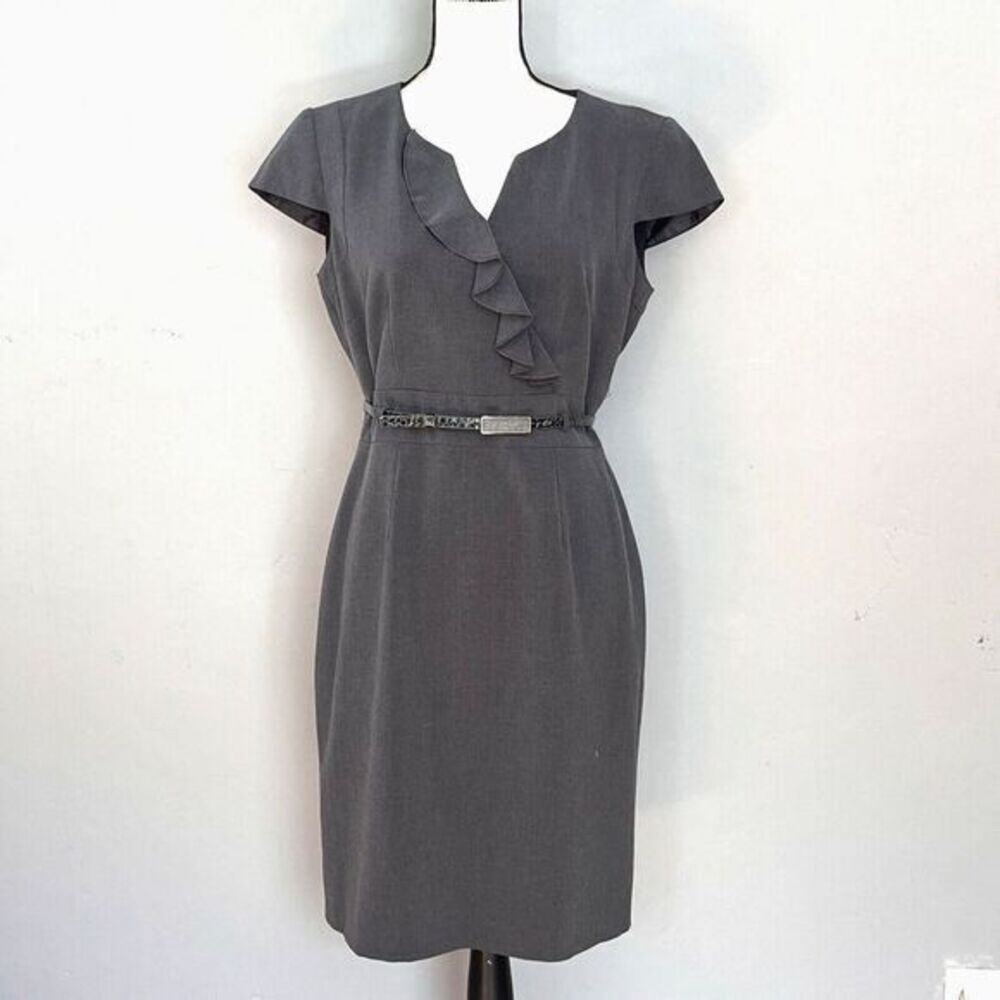 Tahari ALS Short Sleeve‎ Career Work Dress V-Neck Belted Sheath Gray Size 8P